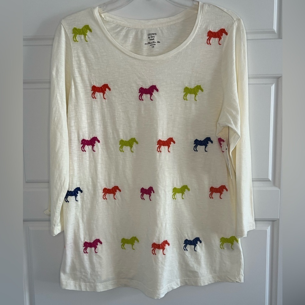 NWT Crown & Ivy Multicolor Embroidered Horse Zebra Shirt 1X Novelty Equestrian